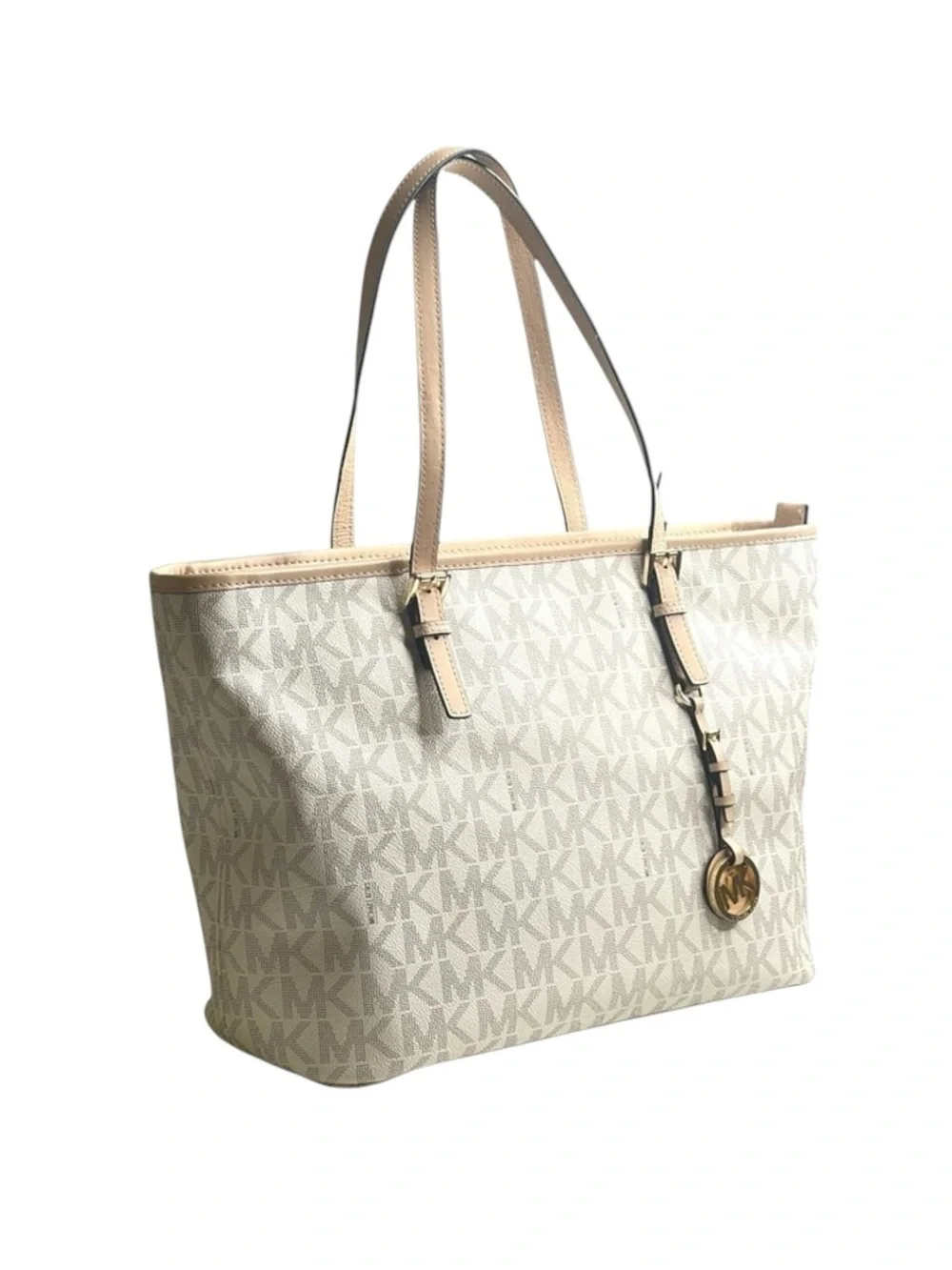 Michael Kors  Jet Set Med Logo Top Zip Tote Handbag  Vanilla Natural Leather 